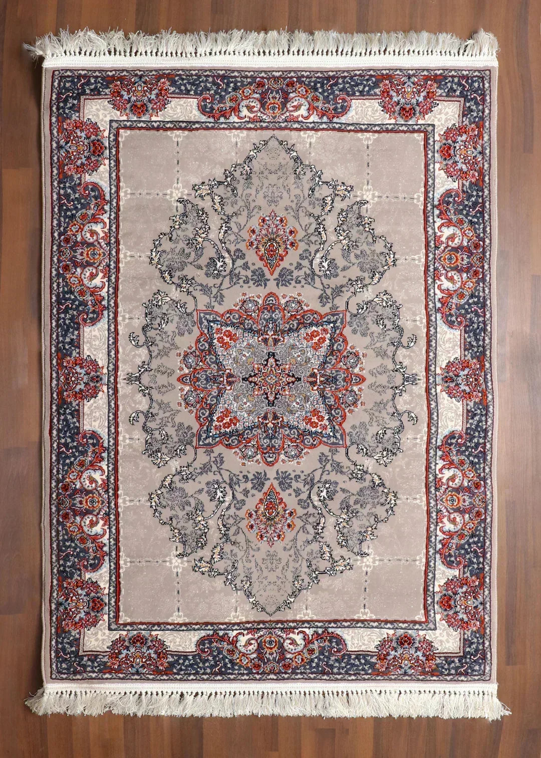 Traditional Persian rug in red, grey, and beige with medallion design – polyester with jute backing