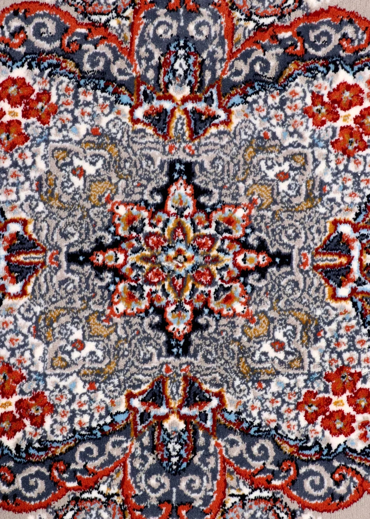 Traditional Persian rug in red, grey, and beige with medallion design – polyester with jute backing