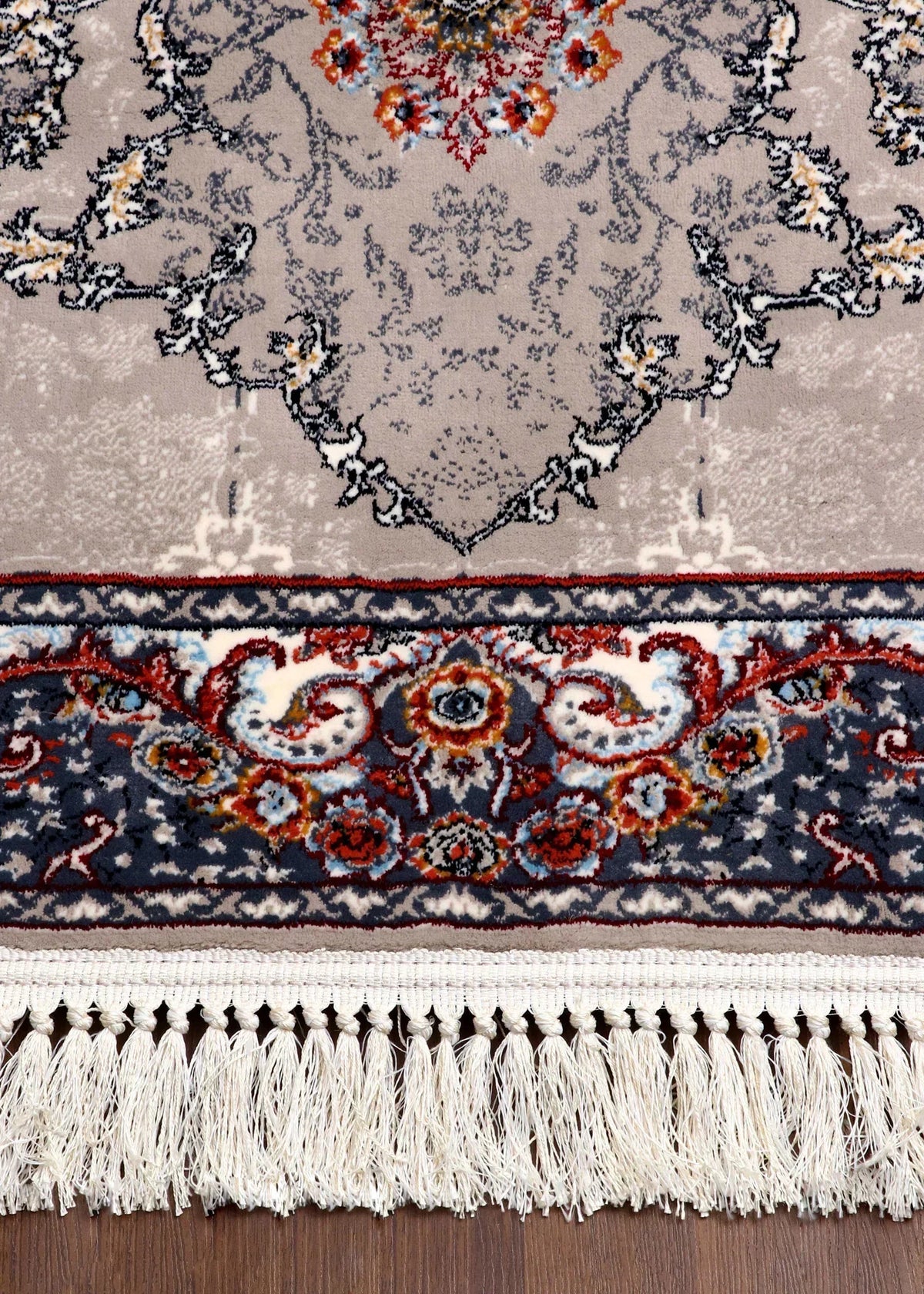 Traditional Persian rug in red, grey, and beige with medallion design – polyester with jute backing