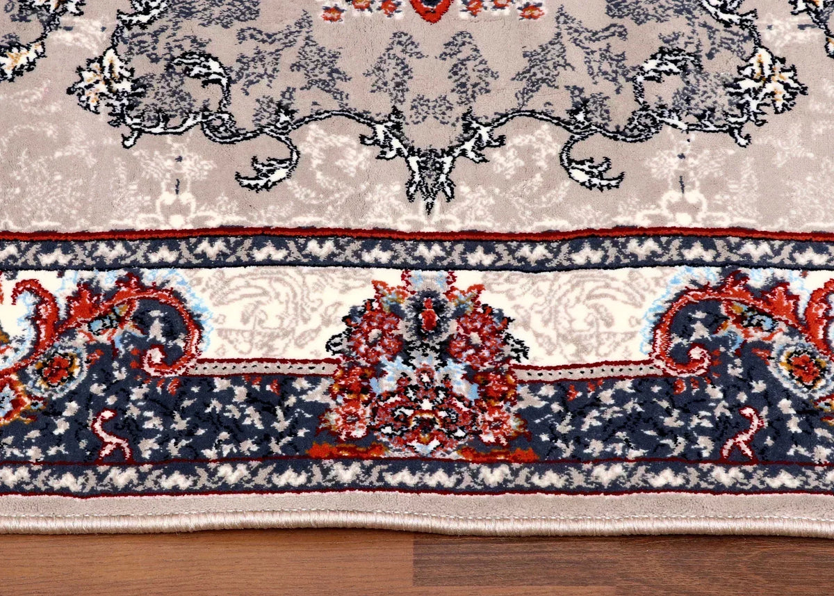 Traditional Persian rug in red, grey, and beige with medallion design – polyester with jute backing