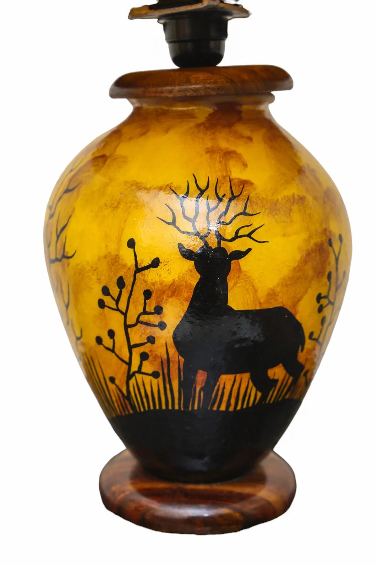 “Handpainted fluorescent camel skin lamp with wooden base – artisan-crafted decorative lamp with warm glow”