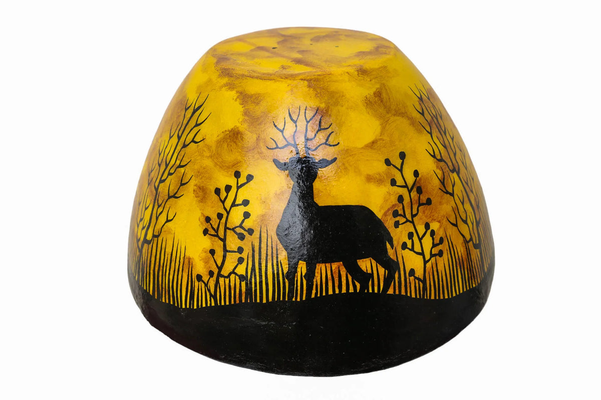 “Handpainted fluorescent camel skin lamp with wooden base – artisan-crafted decorative lamp with warm glow”