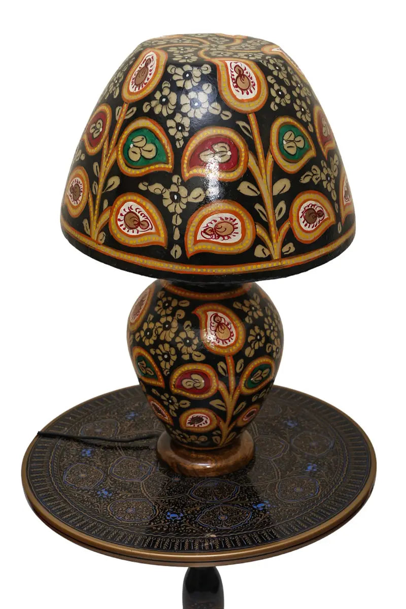 “Handcrafted fluorescent camel skin lamp with colorful patterns and pine wood base – ambient glow decor”