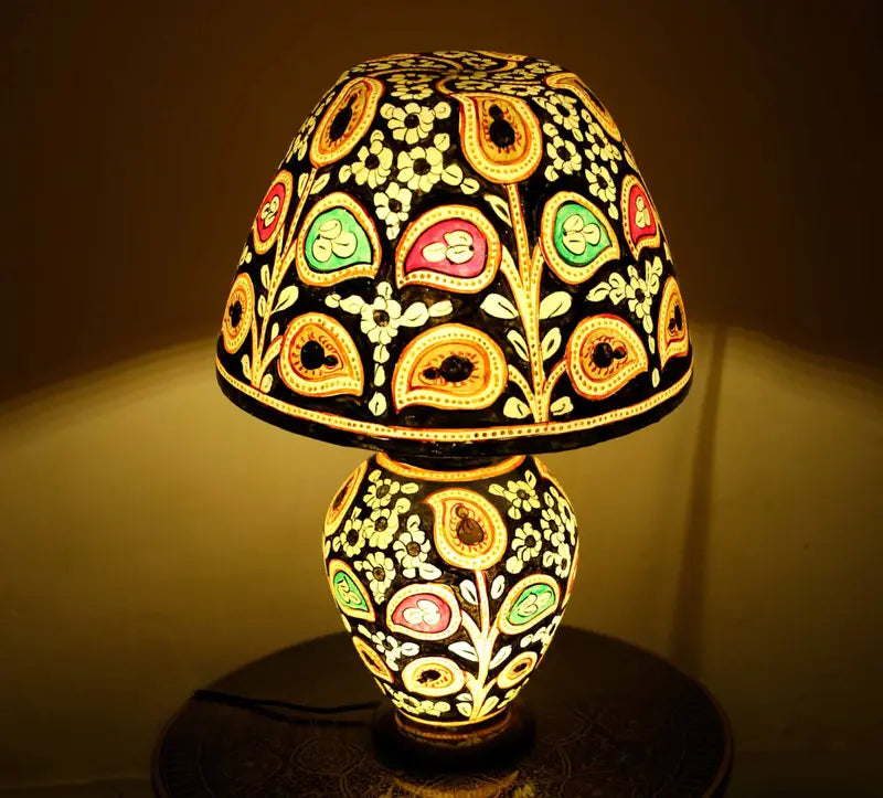 “Handcrafted fluorescent camel skin lamp with colorful patterns and pine wood base – ambient glow decor”