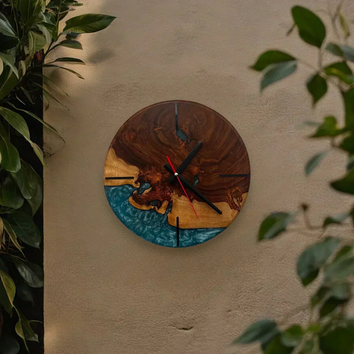 Sheesham Ocean Drift Wall Clock – 14-inch round wood and blue resin wall clock with natural grain and coastal-inspired resin detail.