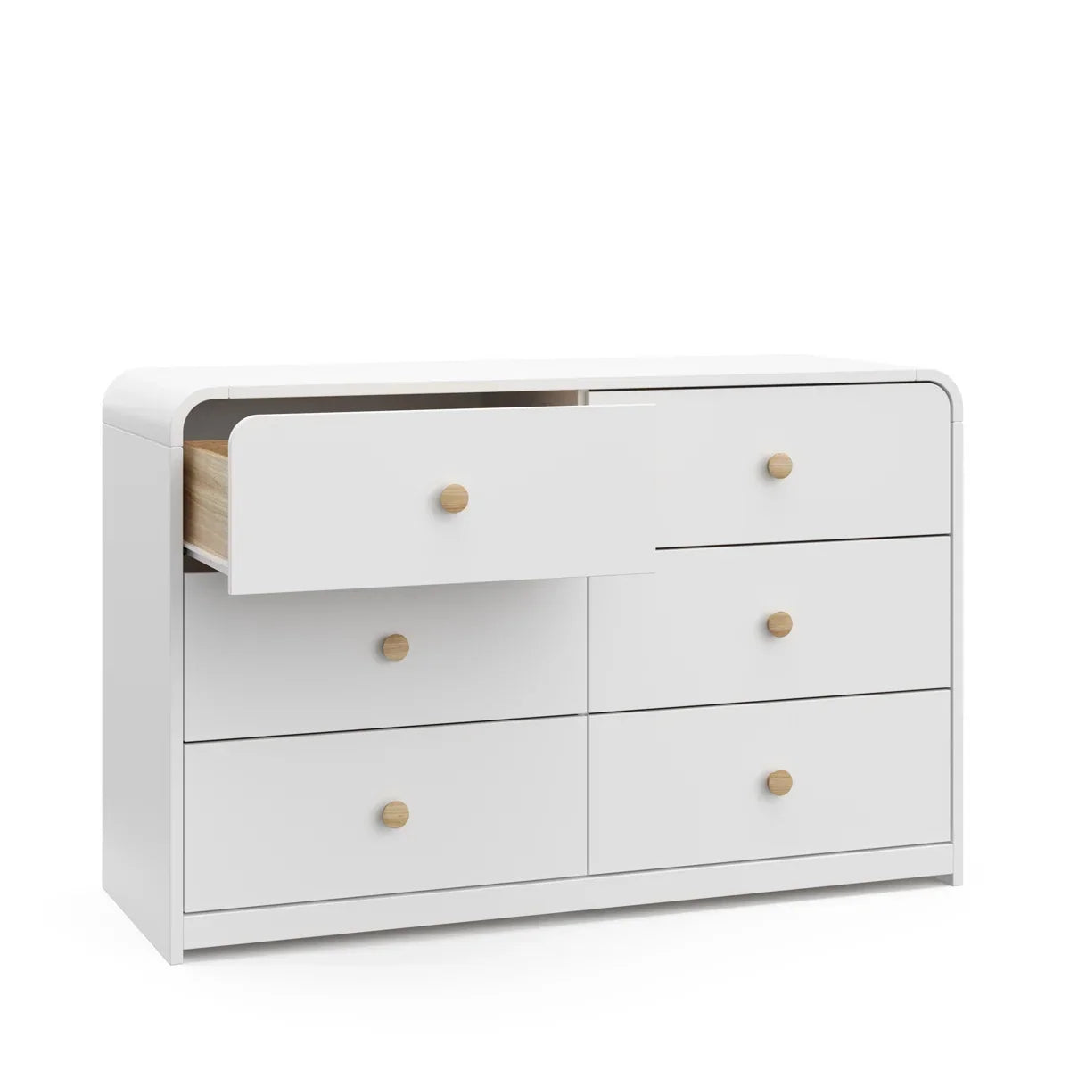 A modern 6-drawer dresser in white with small round gold knobs, shown against a clean white background.