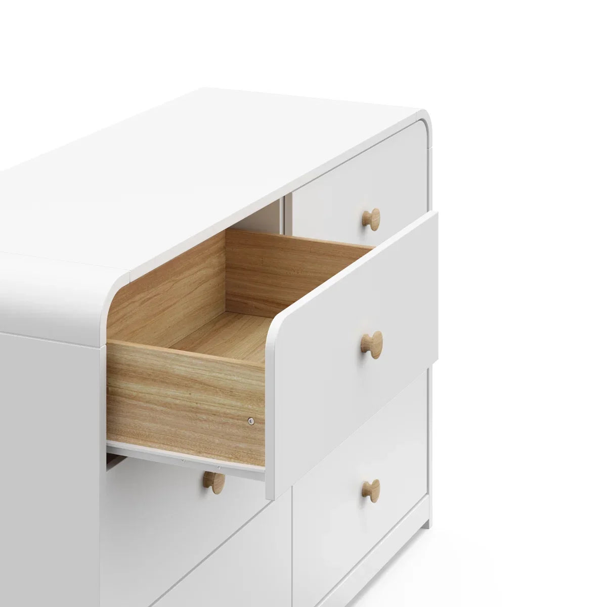 A modern 6-drawer dresser in white with small round gold knobs, shown against a clean white background.