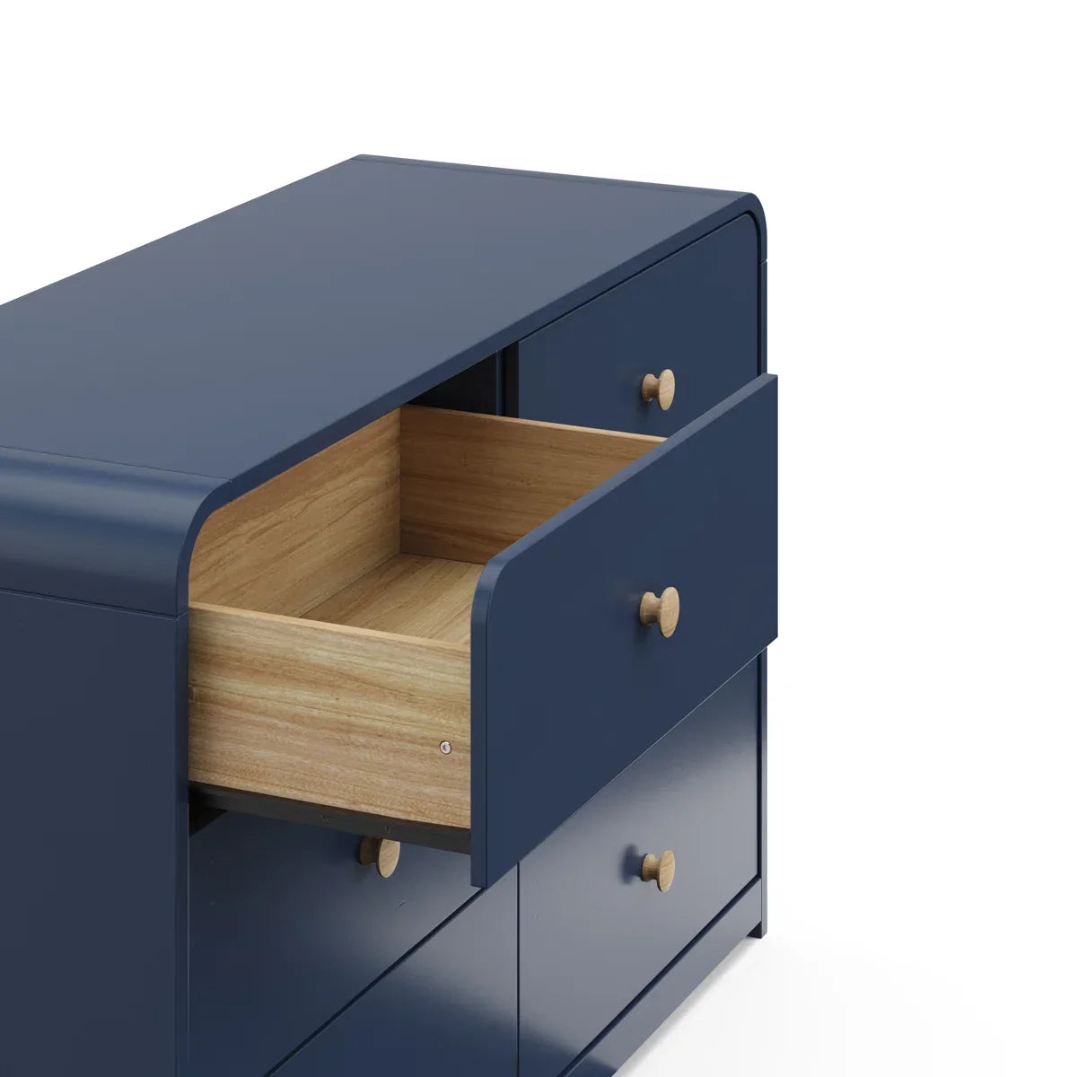 A navy blue 6-drawer dresser with light wood knobs, featuring one open drawer showing a light wood interior, set against a plain off-white background Midnight Blue