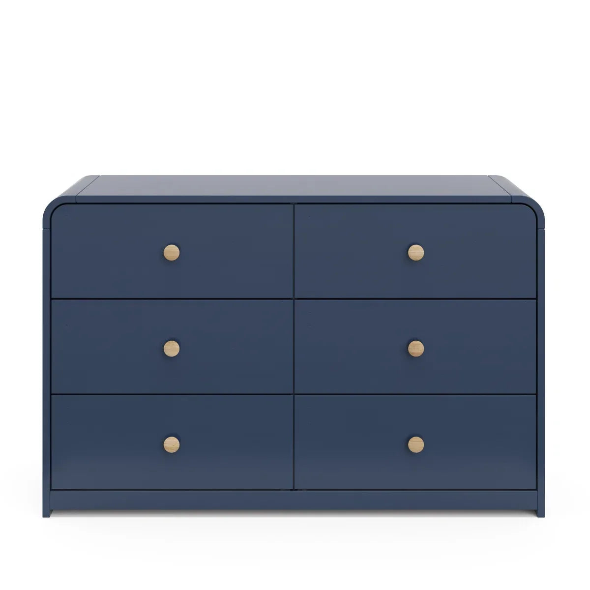 A navy blue 6-drawer dresser with light wood knobs, featuring one open drawer showing a light wood interior, set against a plain off-white background Midnight Blue