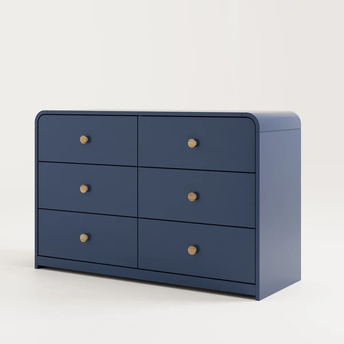 A navy blue 6-drawer dresser with light wood knobs, featuring one open drawer showing a light wood interior, set against a plain off-white background Midnight Blue