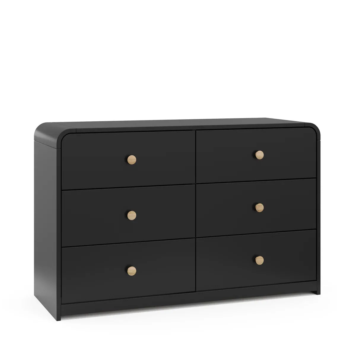 Black dresser with open drawer on a white background