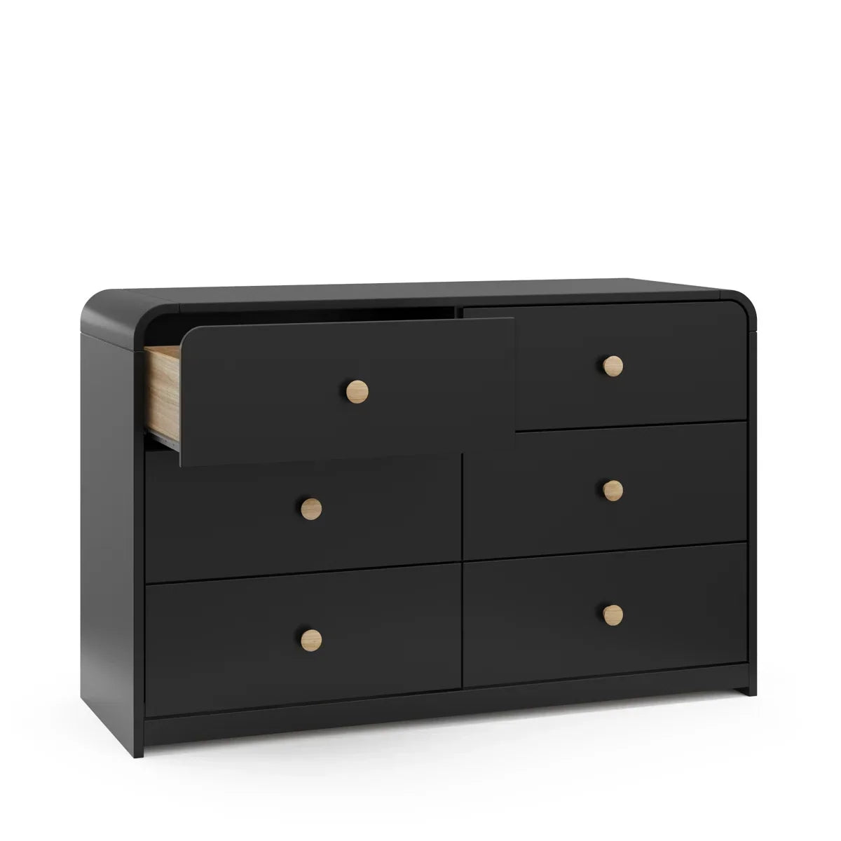 Black dresser with open drawer on a white background