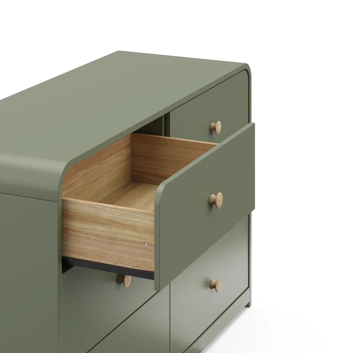 A modern six-drawer dresser in a muted sage green with small round light wood knobs, shown against a neutral beige background.
