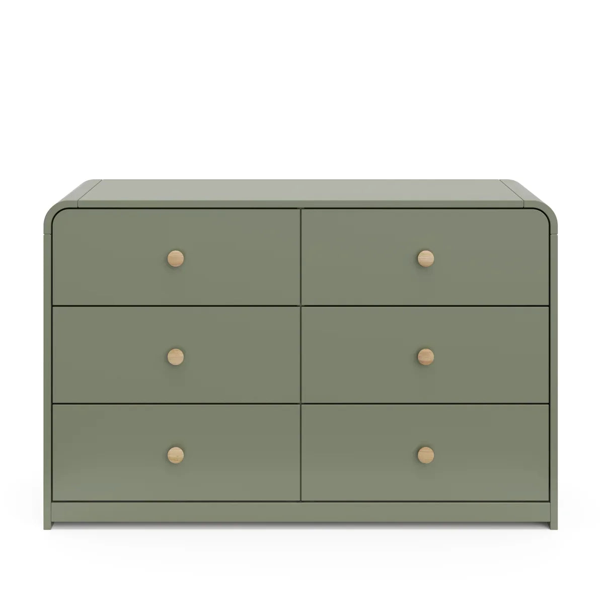 A modern six-drawer dresser in a muted sage green with small round light wood knobs, shown against a neutral beige background.