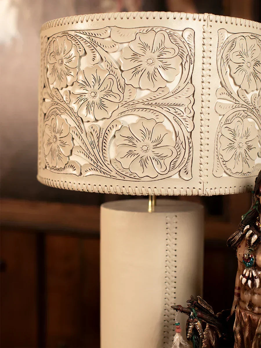 Toledo Saddle Stitch Leather Lamp – Cream Base & Embossed Leather Shade