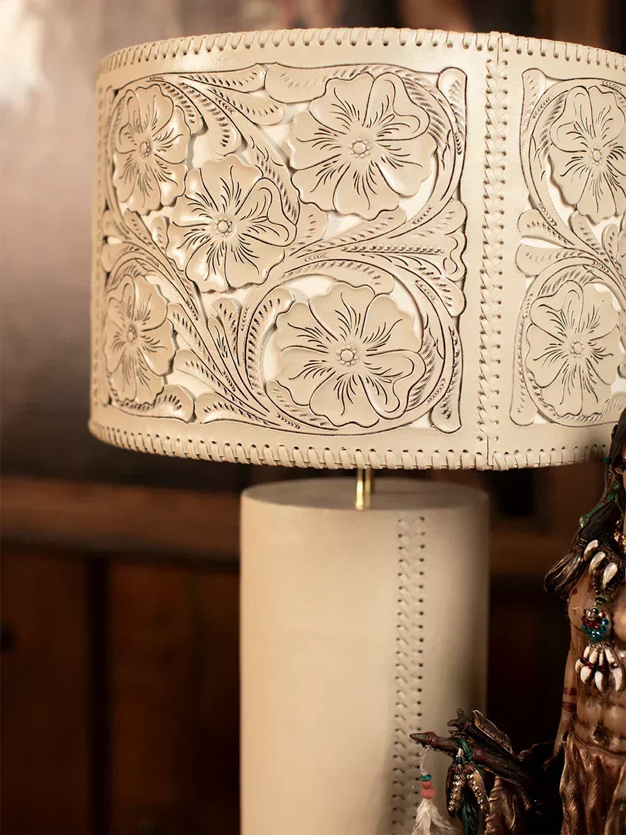 Toledo Saddle Stitch Leather Lamp – Cream Base & Embossed Leather Shade