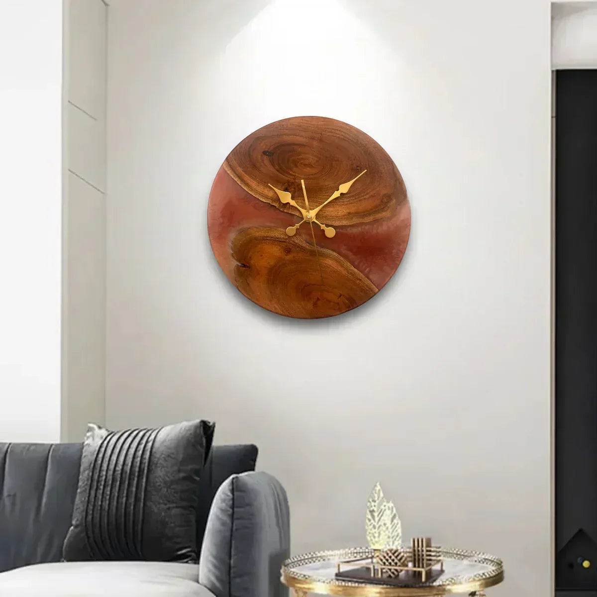 Pink Resin Wall Clock – 14-inch round handmade Sheesham wood wall clock with bold pink resin accent.