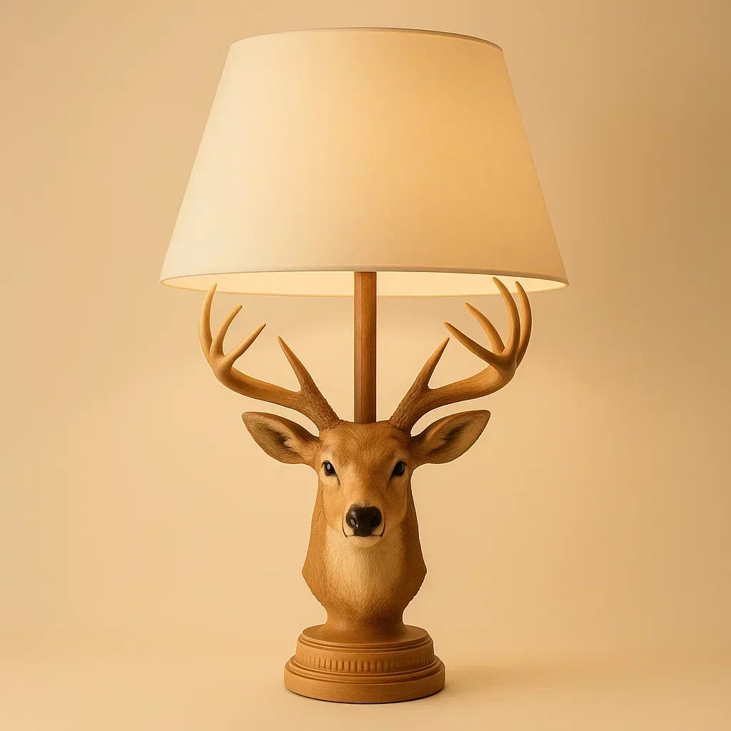 Deer head lamp on a wooden table in a cozy living room setting beige