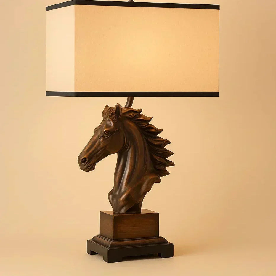 Decorative lamp with horse head design on a wooden table in a cozy living room Brown