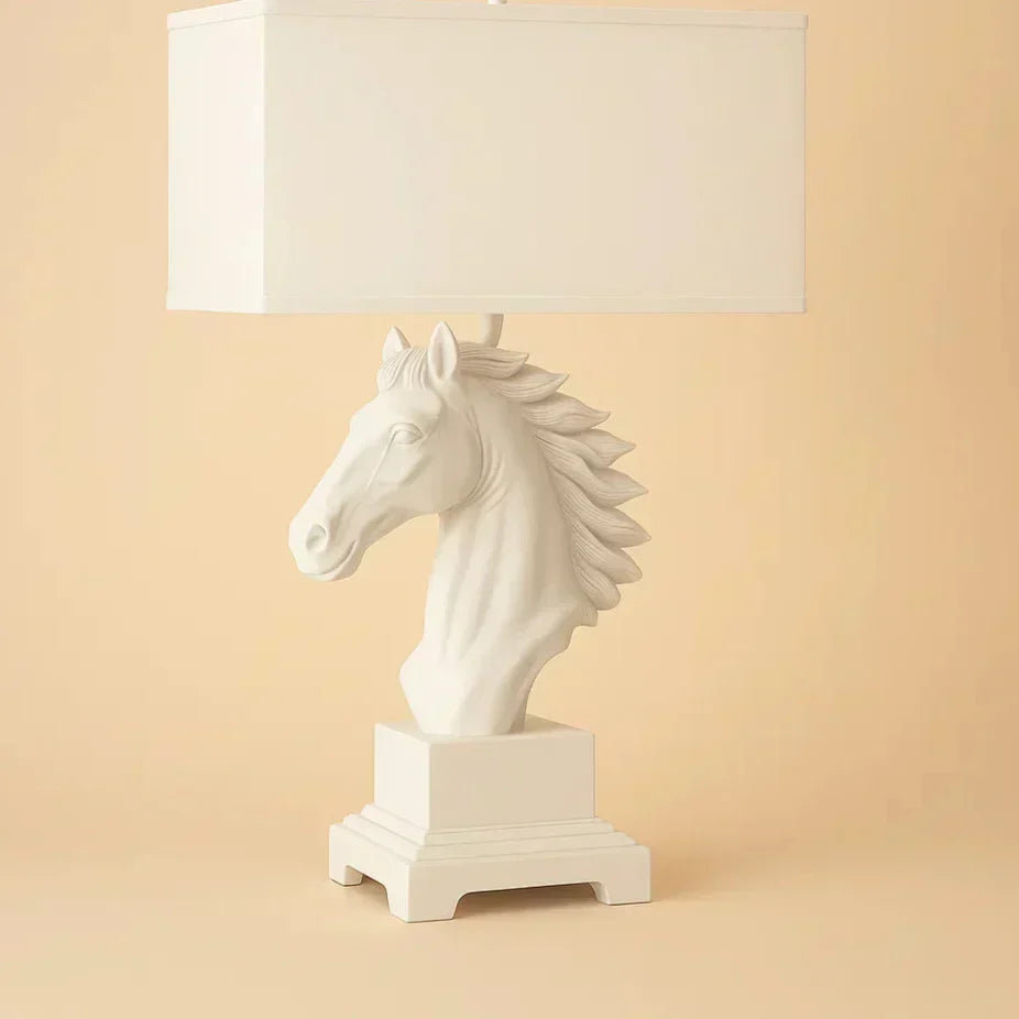 White horse head lamp with a beige background
