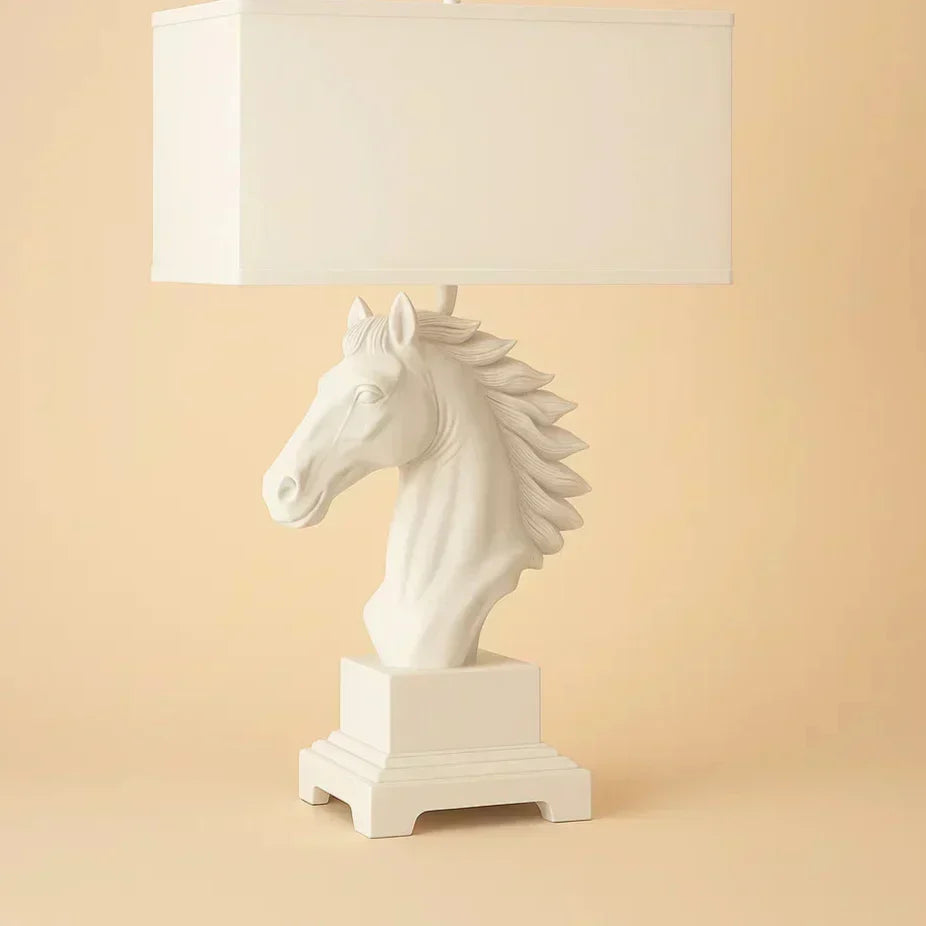 White horse head lamp with a beige background
