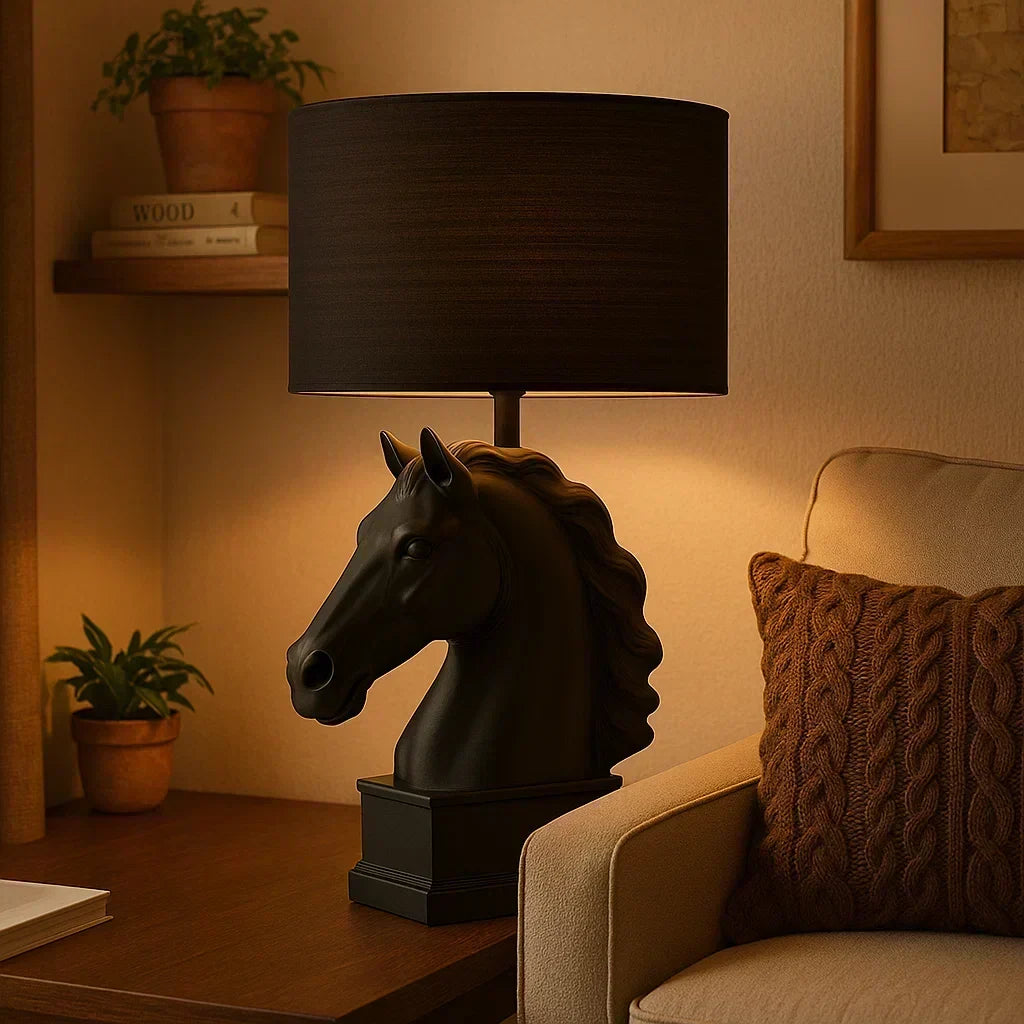 Black horse head table lamp with a black shade on a beige background
