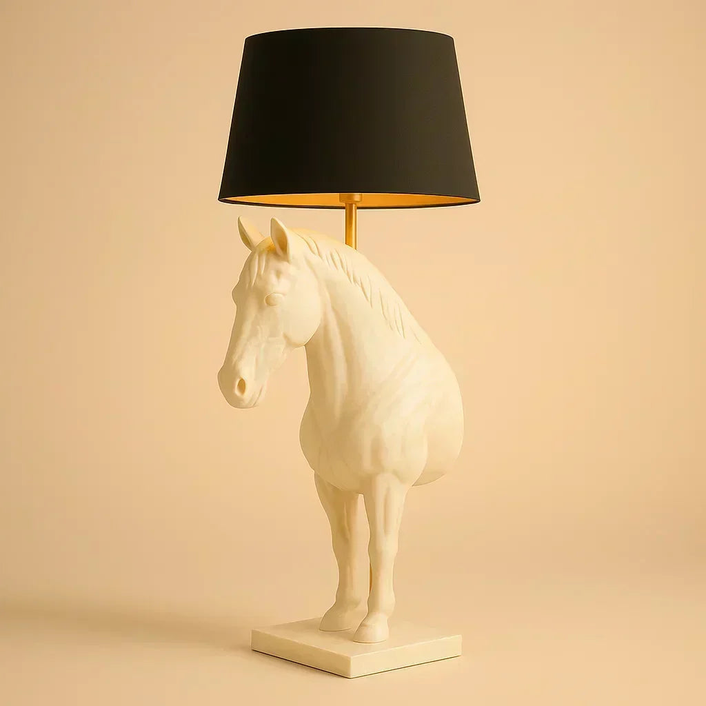 Horse-shaped table lamp with a black shade on a beige background White