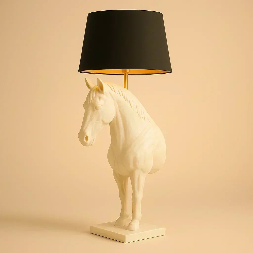 Horse-shaped table lamp with a black shade on a beige background White