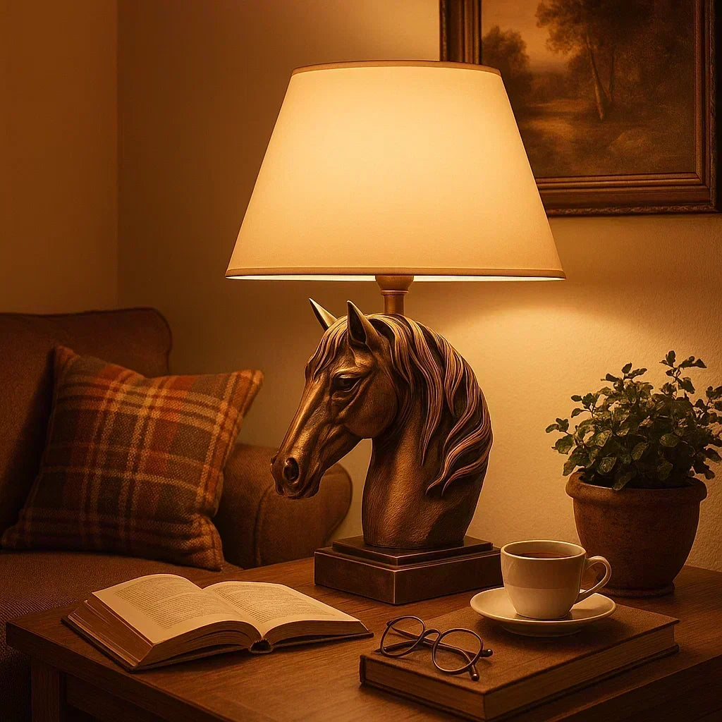 Horse head lamp on a table with an open book, cup, and glasses in a warm-lit room Brown