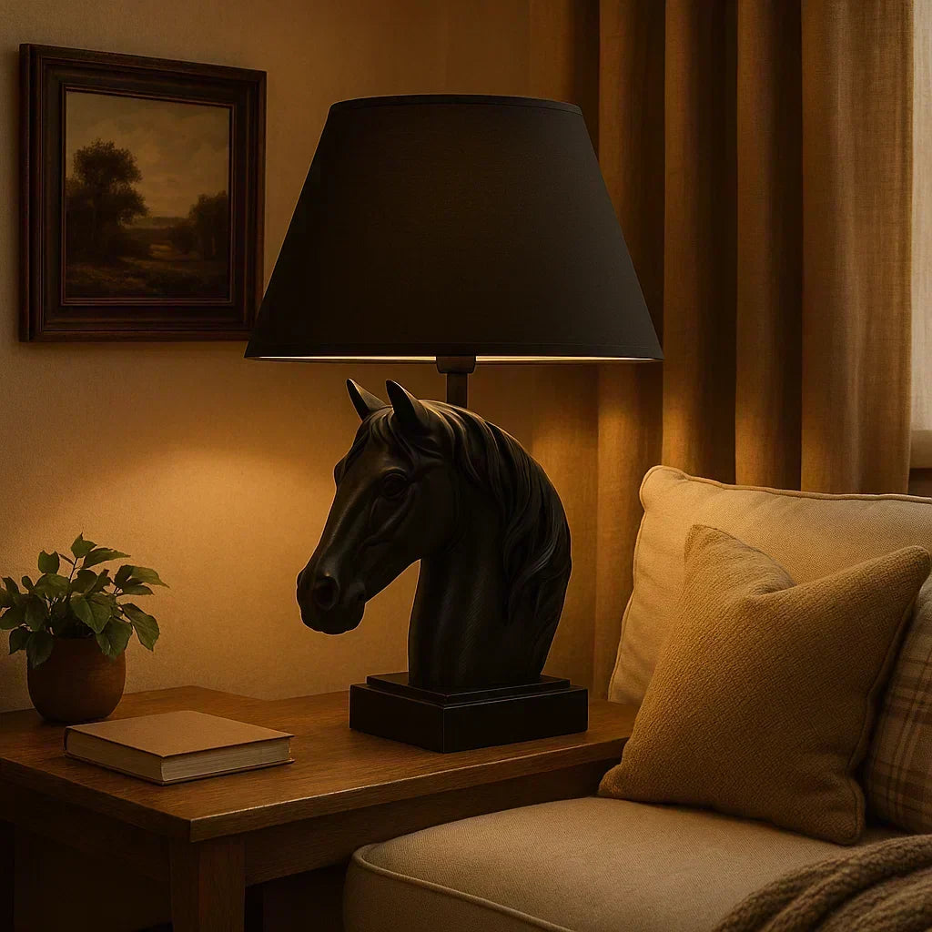 Horse head lamp on a side table next to a sofa with pillows in a warm, dimly lit room Black