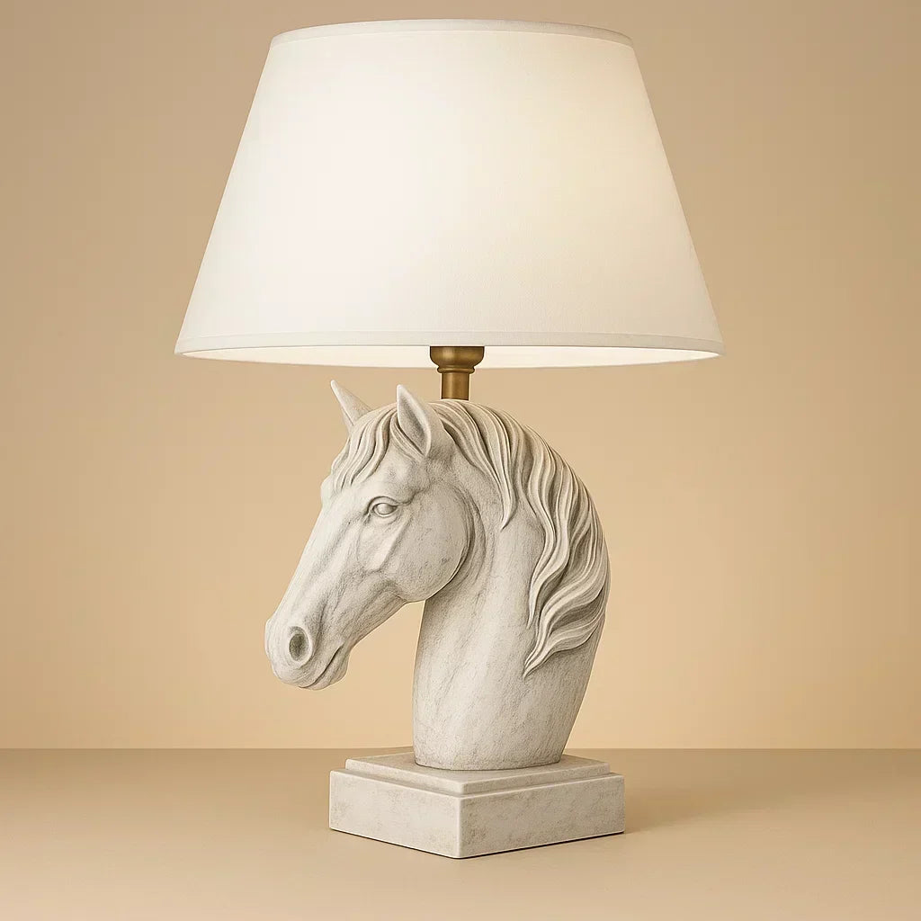Table lamp with horse head design on a beige background White