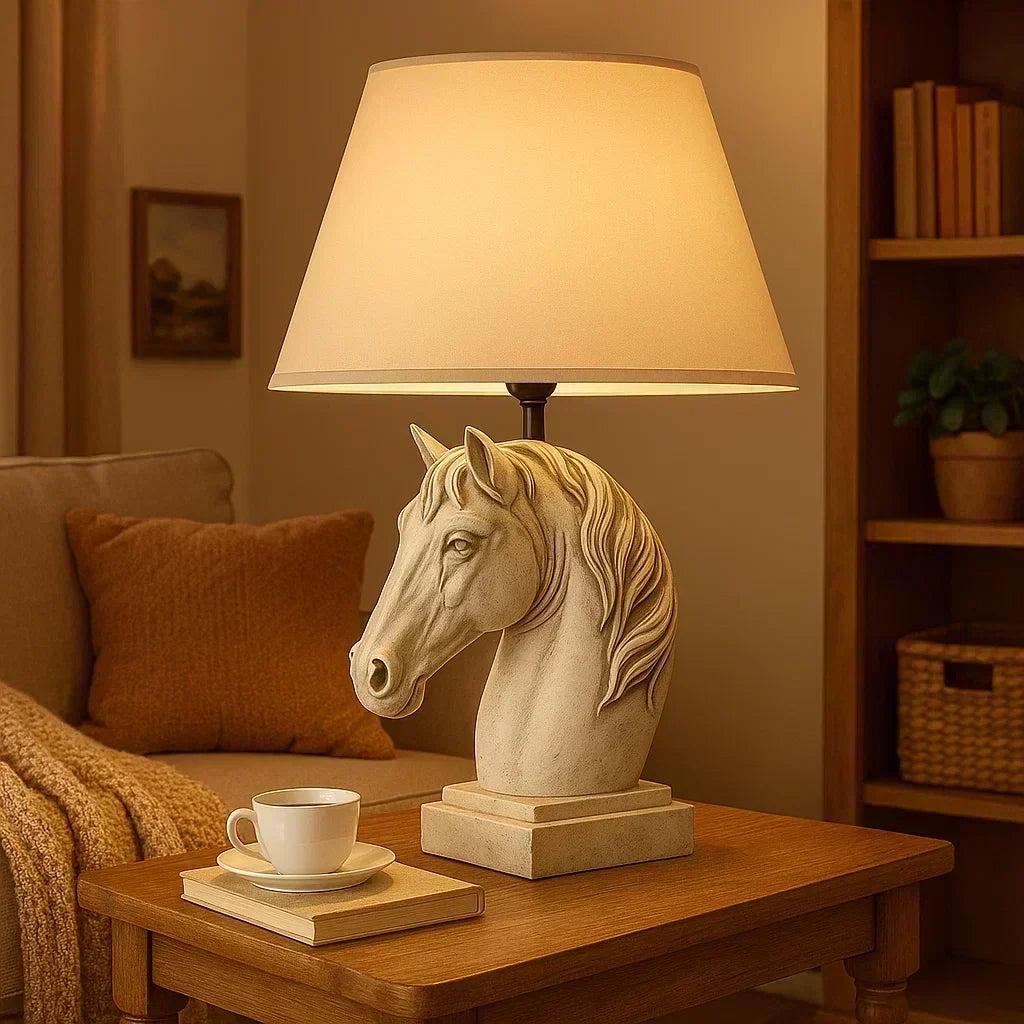 Table lamp with horse head design on a beige background White