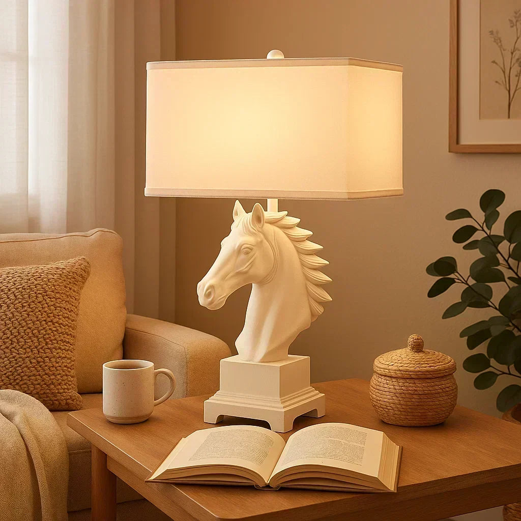 White horse head lamp with a beige background