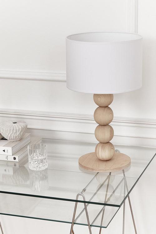 “FORE Natural table lamp by Nureyaa – four stacked pine wood balls with a white shade, 20.8-inch minimalist design for modern cozy interiors.”