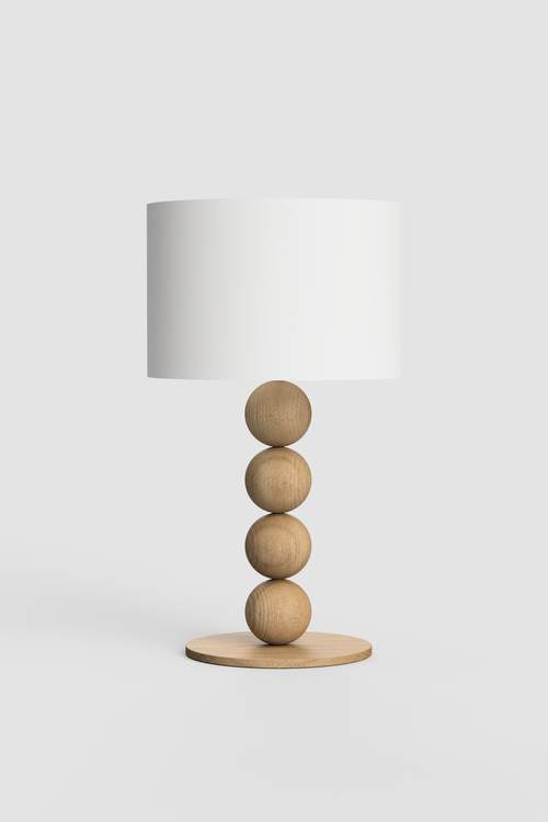 “FORE Natural table lamp by Nureyaa – four stacked pine wood balls with a white shade, 20.8-inch minimalist design for modern cozy interiors.”