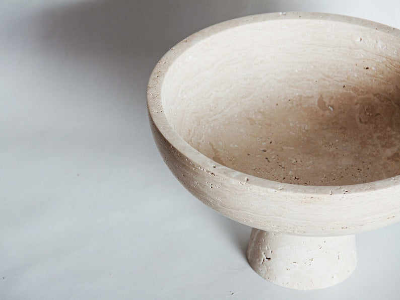 Large Hand-made Natural Travertine Pedestal I Centerpiece Pot I Bohemian Bowl