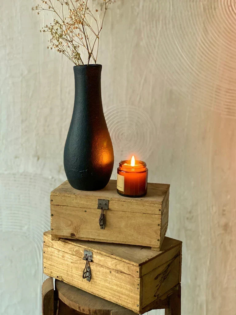 Nureyaa Textured Neck Black Ceramic Vase, 10" tall, 4" wide, handmade dramatic decor
