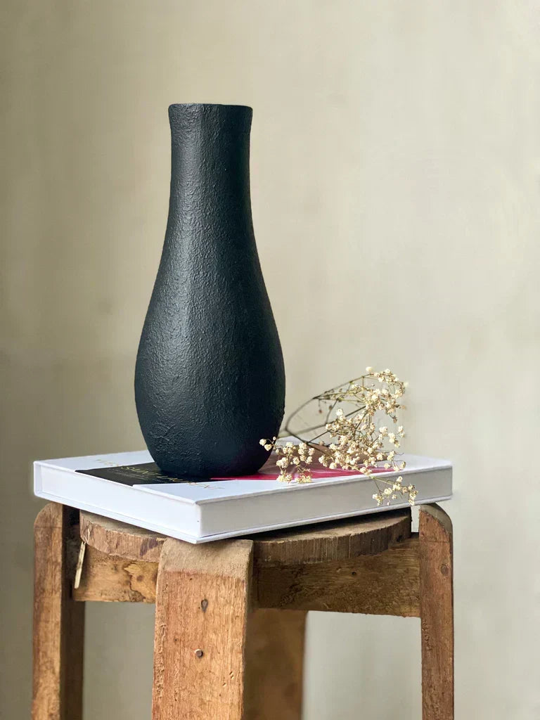 Nureyaa Textured Neck Black Ceramic Vase, 10" tall, 4" wide, handmade dramatic decor