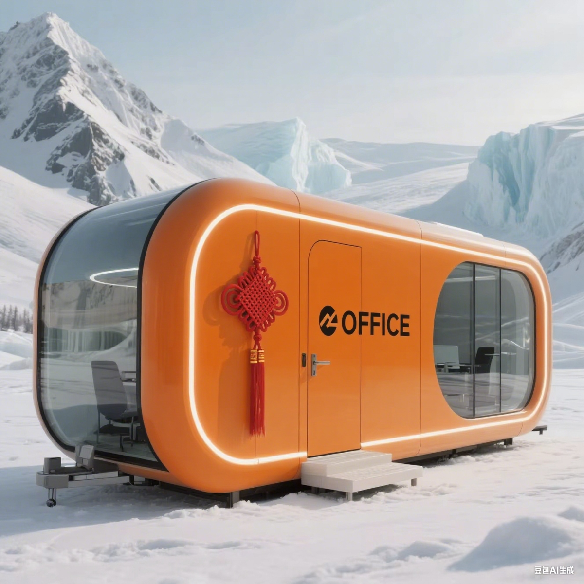 A futuristic orange mobile office pod with large glass windows, set in a snowy mountain landscape. The pod features a red Chinese knot decoration on the side and 'Z2 OFFICE' printed on the door.