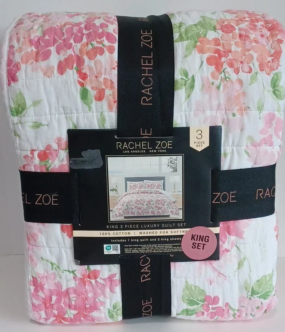 "Rachel Zoe Home Luxury 100% Cotton Quilt Set 3 PC Pink Green White Floral, New - Picture 2 of 2"