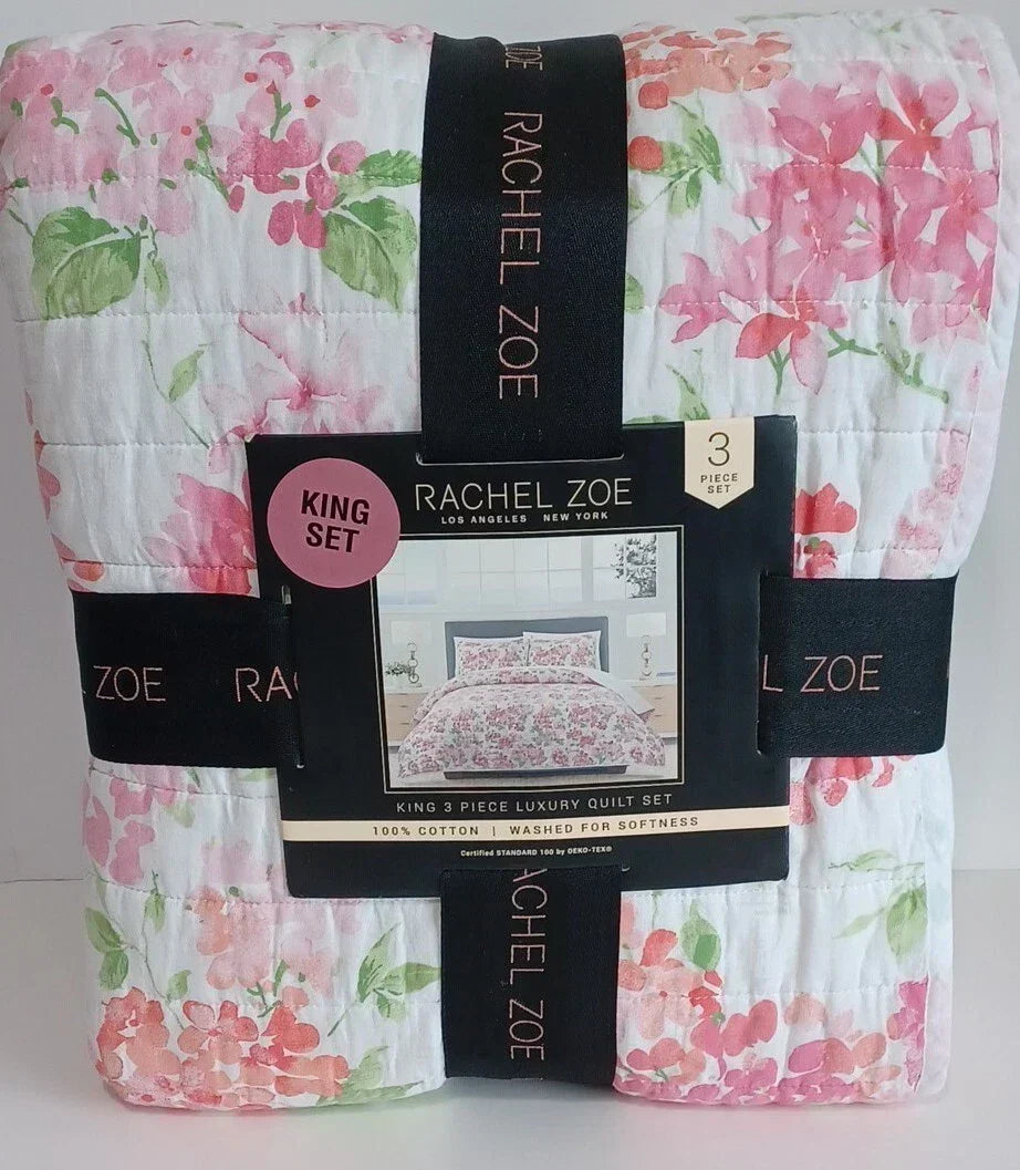 "Rachel Zoe Home Luxury 100% Cotton Quilt Set 3 PC Pink Green White Floral, New - Picture 2 of 2"