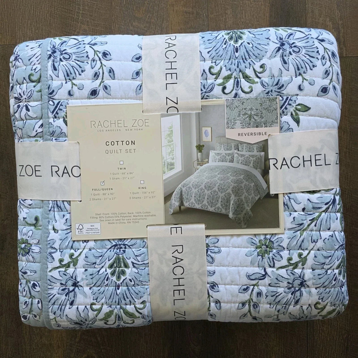 "Rachel Zoe Full Queen Cotton Medallion Quilt Reversible Blue NEW - Picture 6 of 10"