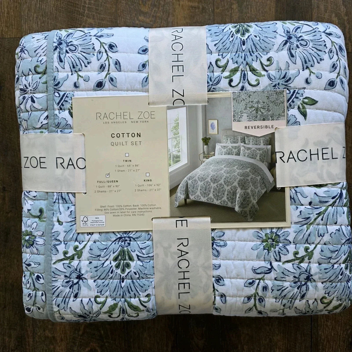 "Rachel Zoe Full Queen Cotton Medallion Quilt Reversible Blue NEW - Picture 6 of 10"