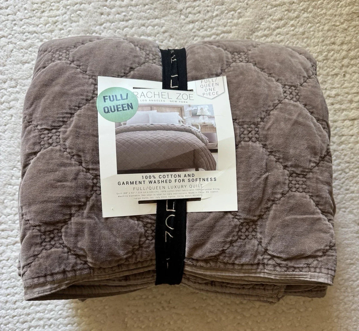 Rachel Zoe 100% Cotton Velvet Coverlet F/Q NWT Quilted Mocha Brown Luxury Quilt - Picture 2 of 5