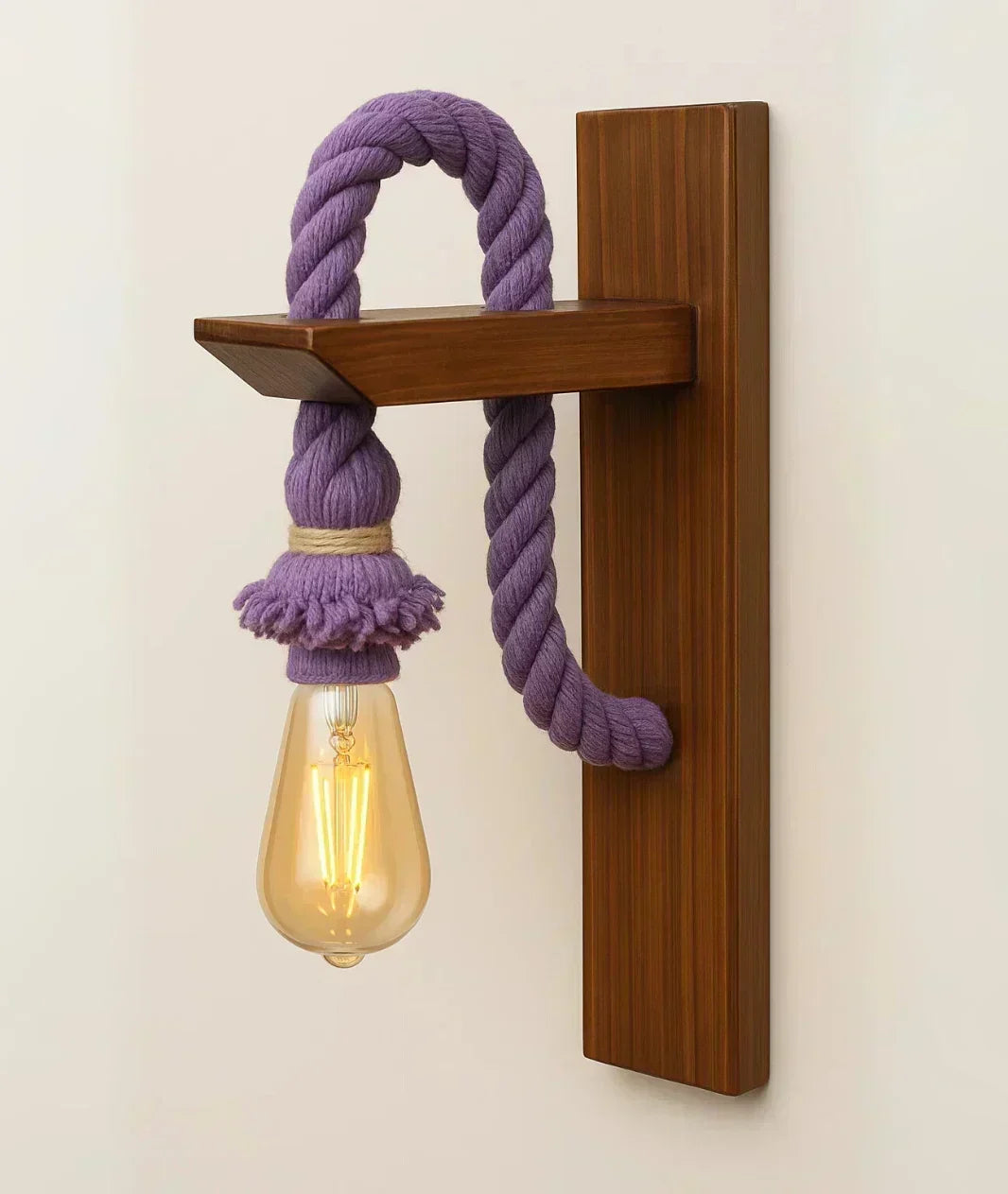 Nureyaa Rope Wall Hanging Sconce, high-quality wood, E27 filament bulb, handmade retro decor Purple