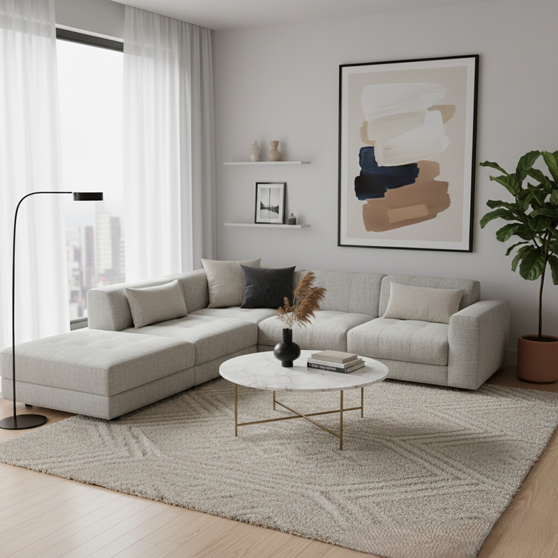 Modern living room with clean lines, neutral colors, and simple furniture design