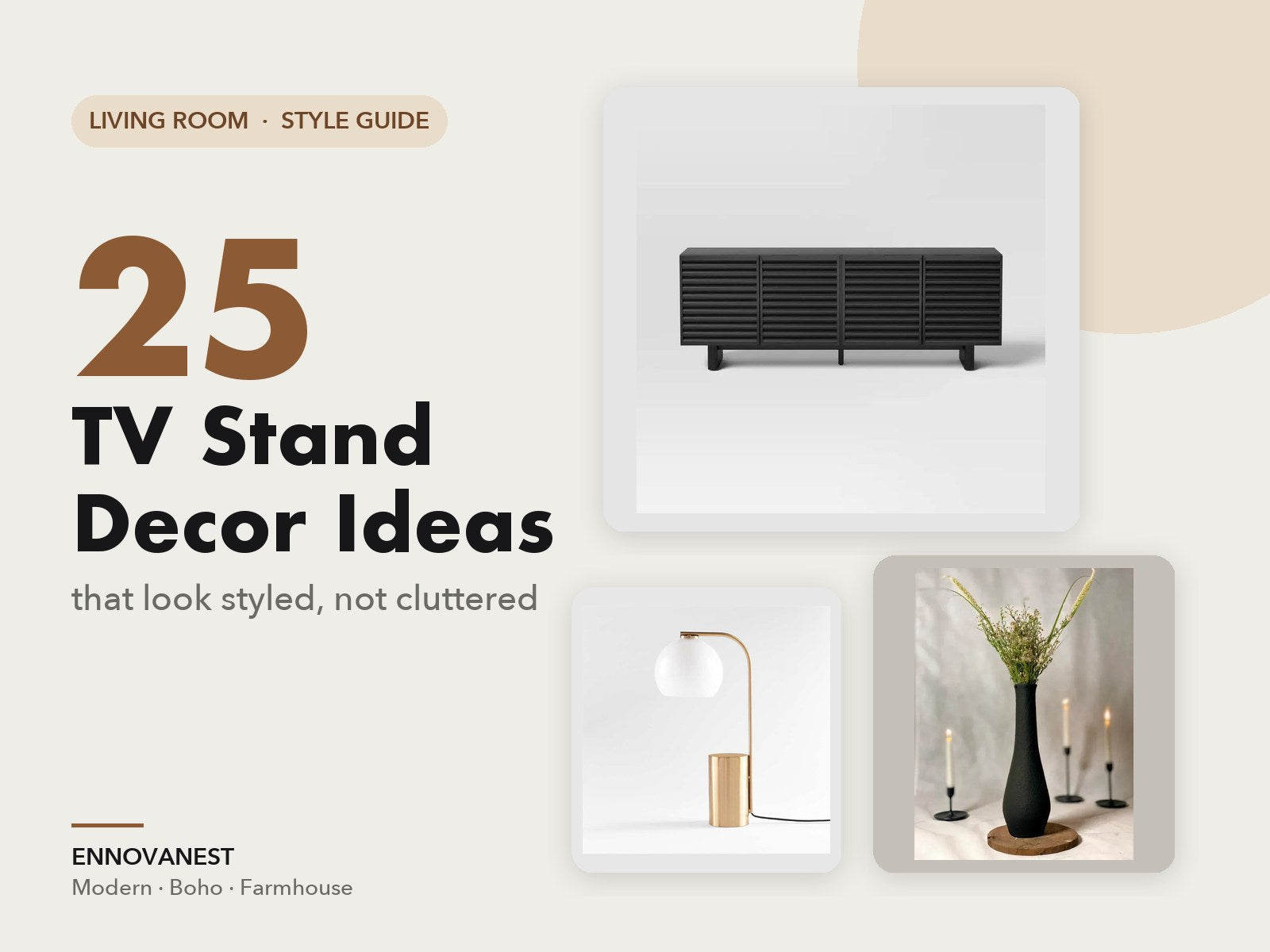 25 TV stand decor ideas: black fluted TV stand, brass lamp and black ceramic vase
