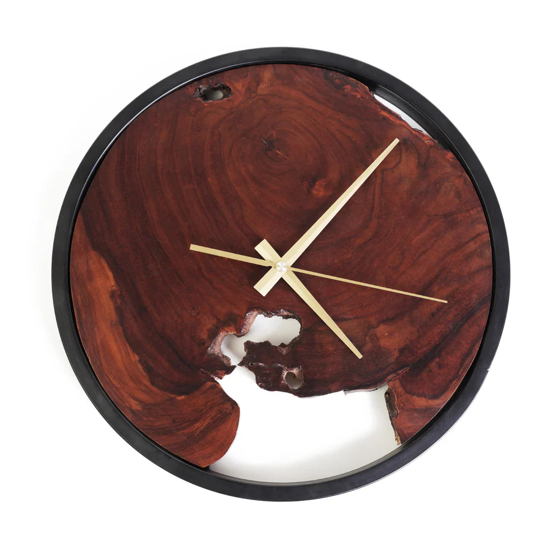 Wooden wall clock with a natural grain pattern on a white background