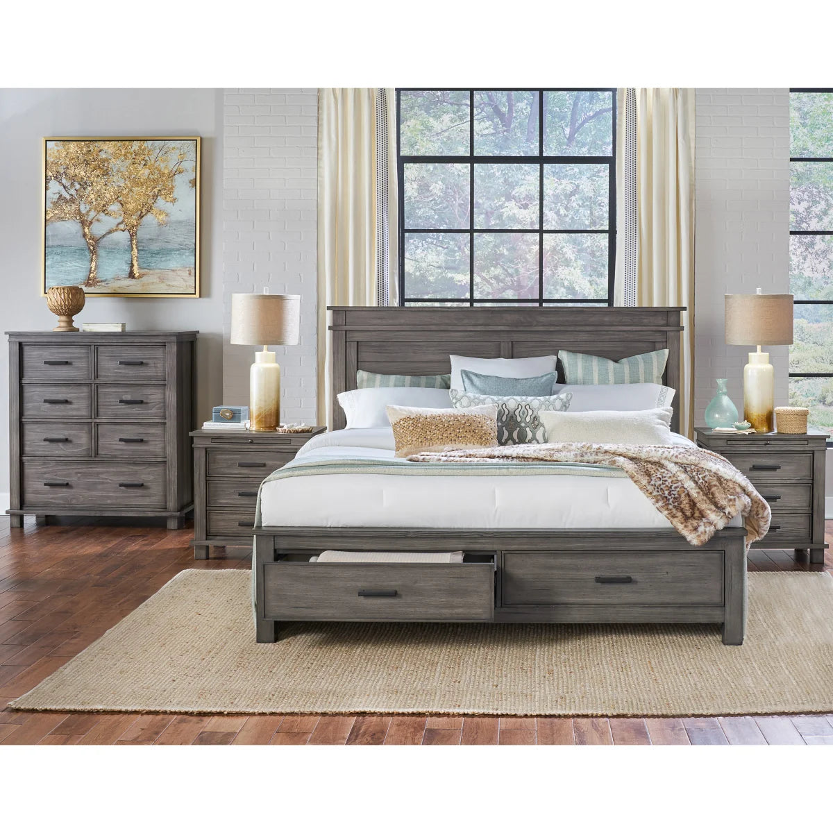 Bedroom with gray wooden furniture including a bed, dressers, and nightstands 4 Piece Sets