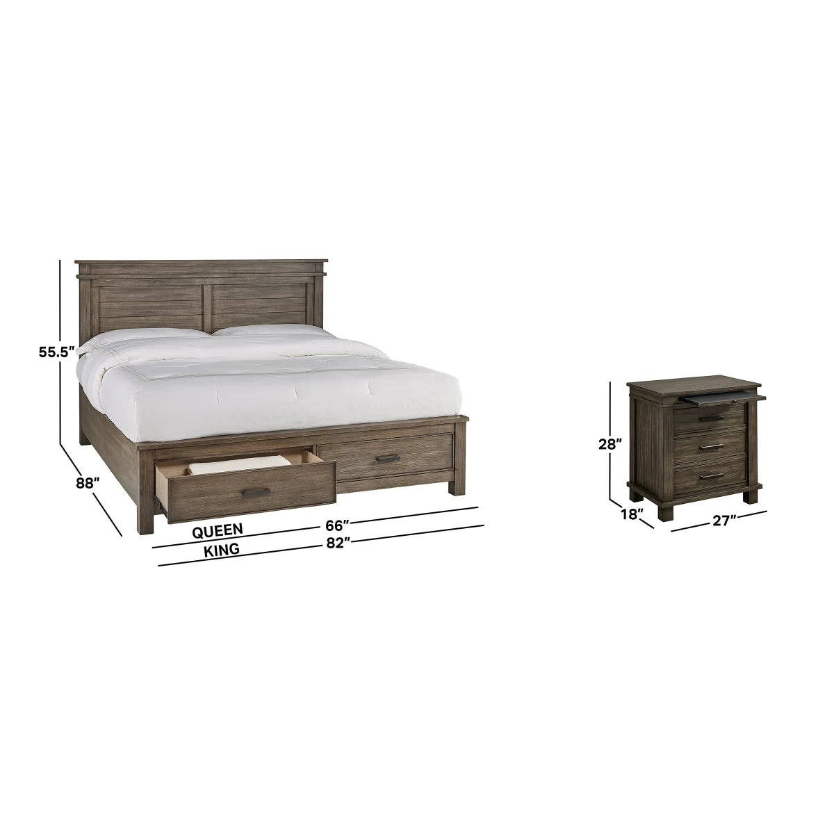Wooden bed and nightstand with dimensions on a white background